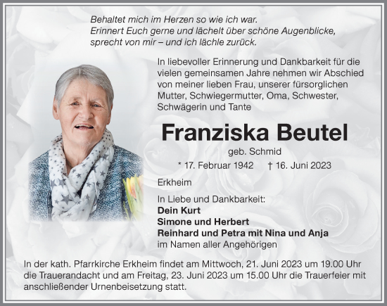 Traueranzeige von Franziska Beutel von Memminger Zeitung