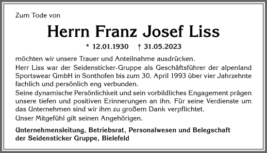 Traueranzeige von Franz Josef Liss von Allgäuer Anzeigeblatt