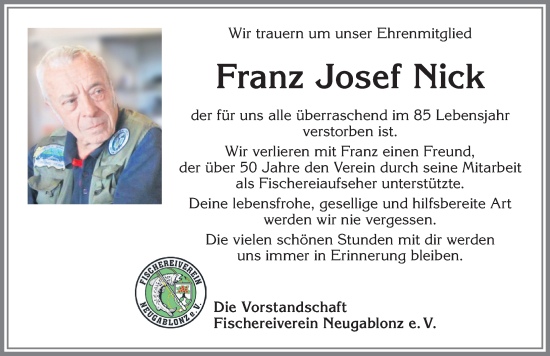 Traueranzeige von Franz Josef Nick von Memminger Zeitung
