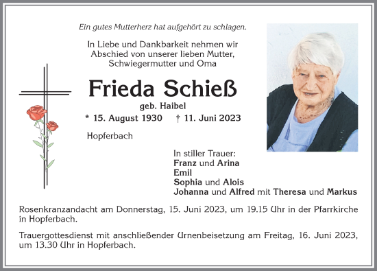 Traueranzeige von Frieda Schieß von Allgäuer Zeitung, Marktoberdorf