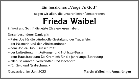 Traueranzeige von Frieda Waibel von Allgäuer Anzeigeblatt