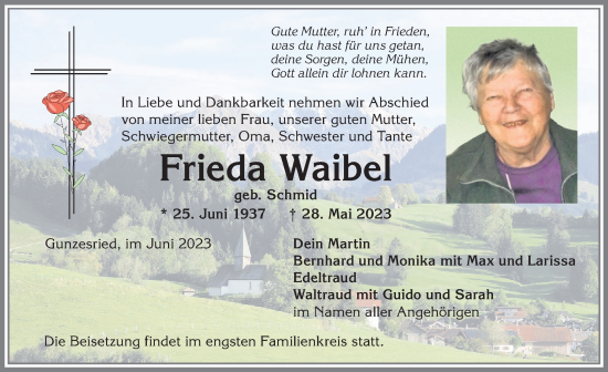 Traueranzeige von Frieda Waibel von Allgäuer Anzeigeblatt
