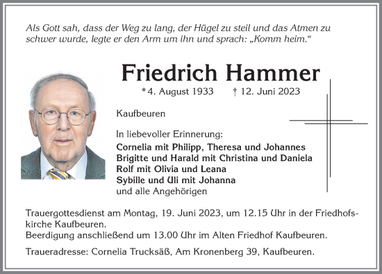 Traueranzeige von Friedrich Hammer von Allgäuer Zeitung, Kaufbeuren/Buchloe