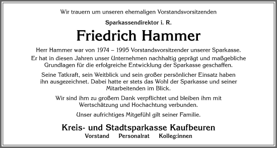 Traueranzeige von Friedrich Hammer von Allgäuer Zeitung, Kaufbeuren/Buchloe