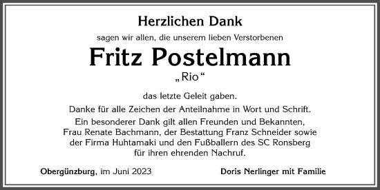 Traueranzeige von Fritz Postelmann von Allgäuer Zeitung, Marktoberdorf