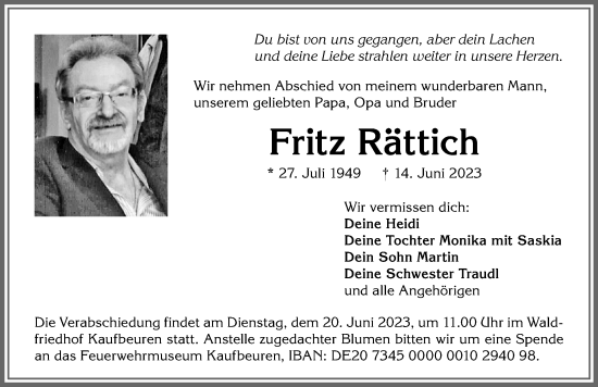 Traueranzeige von Fritz Rättich von Allgäuer Zeitung, Kaufbeuren/Buchloe