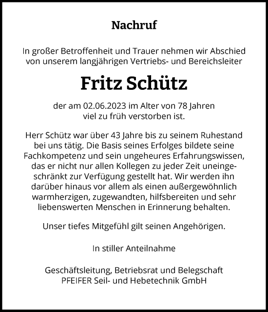 Traueranzeige von Fritz Schütz von Memminger Zeitung