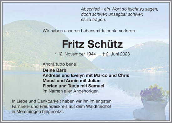 Traueranzeige von Fritz Schütz von Memminger Zeitung