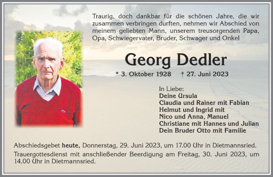 Traueranzeige von Georg Dedler von Allgäuer Zeitung,Kempten