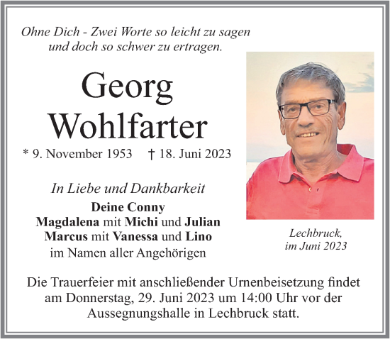 Traueranzeige von Georg Wohlfarter von Allgäuer Zeitung, Füssen