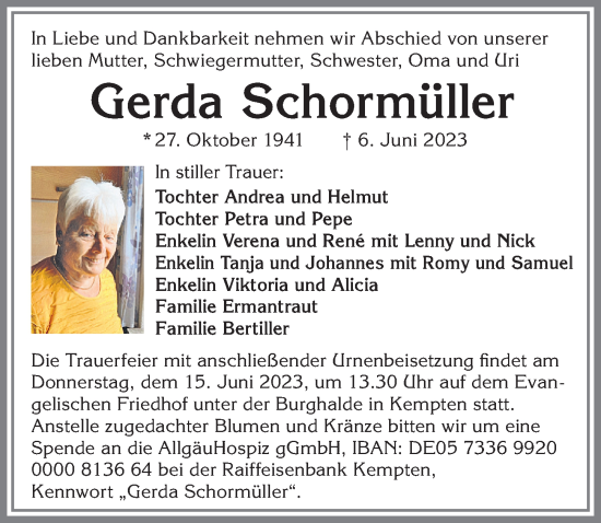 Traueranzeige von Gerda Schormüller von Allgäuer Zeitung,Kempten