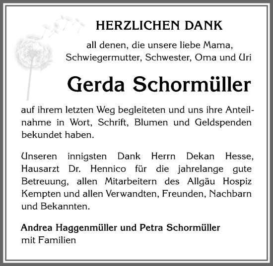 Traueranzeige von Gerda Schormüller von Allgäuer Zeitung,Kempten
