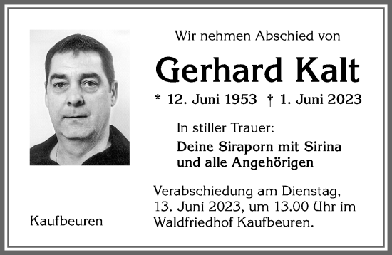 Traueranzeige von Gerhard Kalt von Allgäuer Zeitung, Kaufbeuren/Buchloe