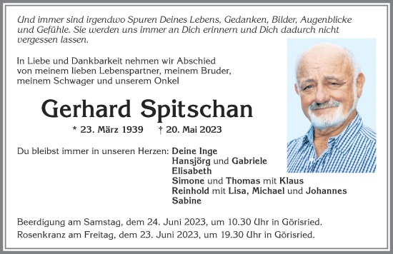 Traueranzeige von Gerhard Spitschan von Allgäuer Zeitung, Marktoberdorf