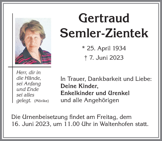Traueranzeige von Gertraud Semler-Zientek von Allgäuer Zeitung,Kempten
