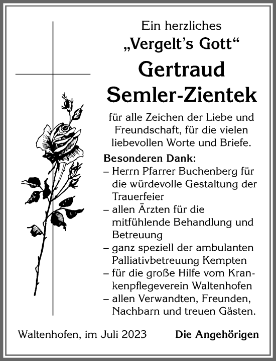 Traueranzeige von Gertraud Semler-Zientek von Allgäuer Zeitung,Kempten