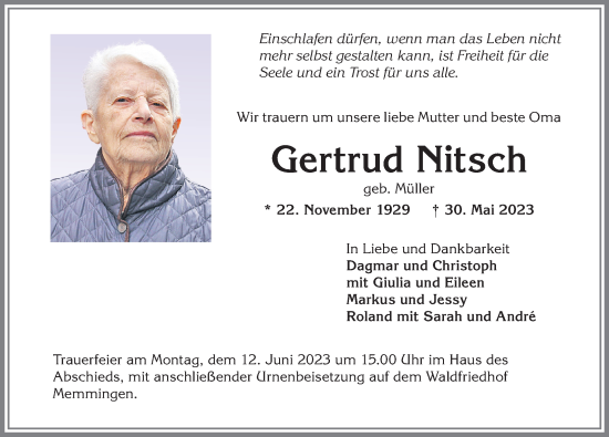 Traueranzeige von Gertrud Nitsch von Memminger Zeitung