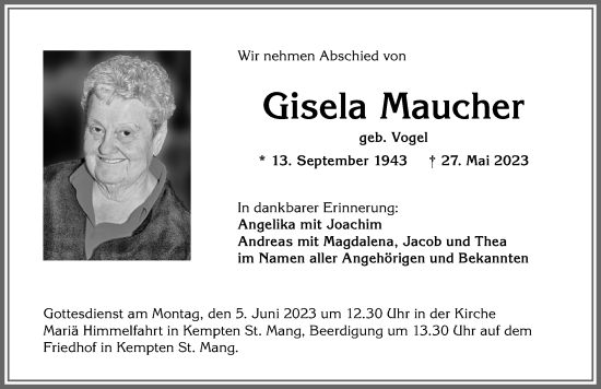 Traueranzeige von Gisela Maucher von Allgäuer Zeitung,Kempten