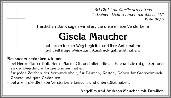 Traueranzeige von Gisela Maucher von Allgäuer Zeitung,Kempten