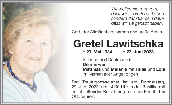 Traueranzeige von Gretel Lawitschka von Memminger Zeitung