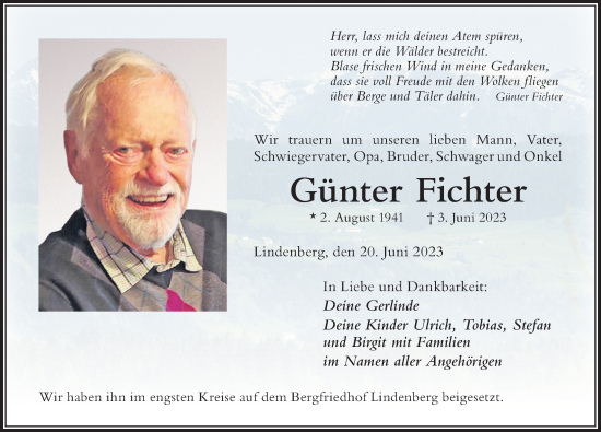 Traueranzeige von Günter Fichter von Der Westallgäuer