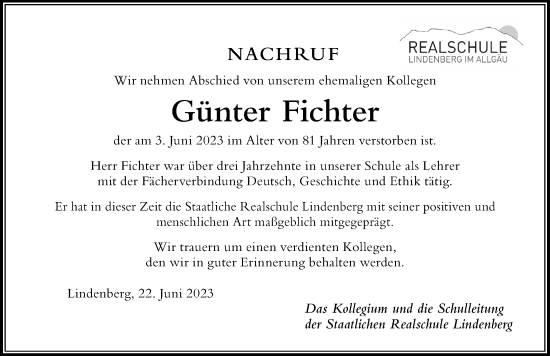 Traueranzeige von Günter Fichter von Der Westallgäuer