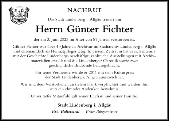Traueranzeige von Günter Fichter von Der Westallgäuer
