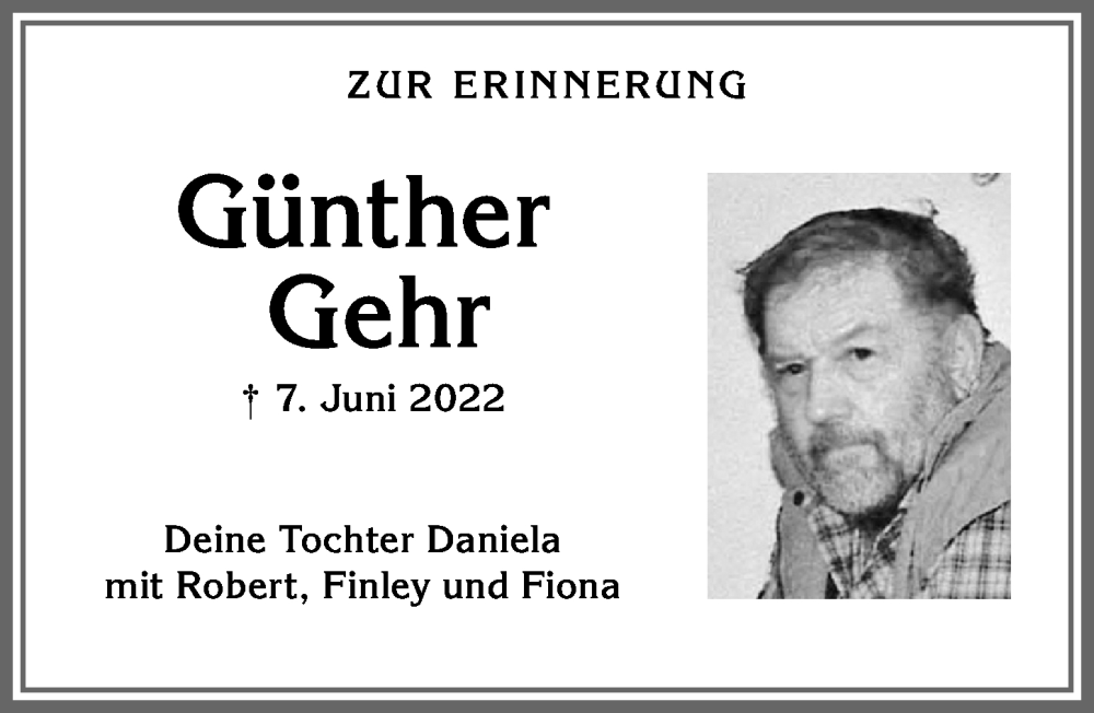  Traueranzeige für Günther Gehr vom 07.06.2023 aus Allgäuer Zeitung,Kempten