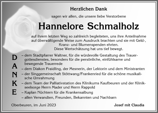 Traueranzeige von Hannelore Schmalholz von Allgäuer Zeitung, Kaufbeuren/Buchloe