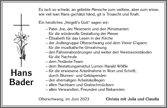 Traueranzeige von Hans Bader von Allgäuer Anzeigeblatt