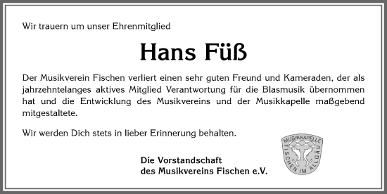 Traueranzeige von Hans Füß von Allgäuer Anzeigeblatt