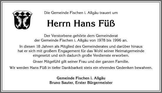 Traueranzeige von Hans Füß von Allgäuer Anzeigeblatt