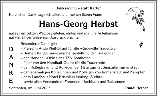 Traueranzeige von Hans-Georg Herbst von Allgäuer Anzeigeblatt