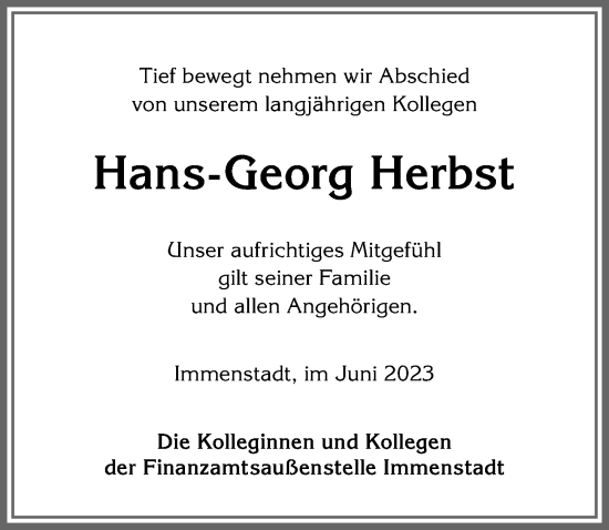 Traueranzeige von Hans-Georg Herbst von Allgäuer Anzeigeblatt