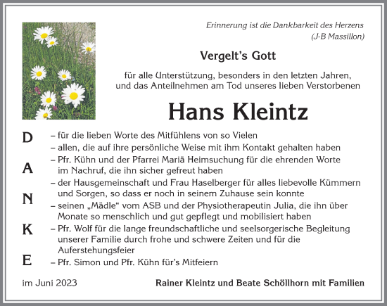 Traueranzeige von Hans Kleintz von Allgäuer Anzeigeblatt