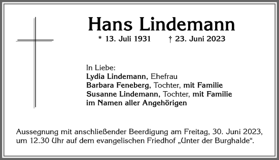 Traueranzeige von Hans Lindemann von Allgäuer Zeitung,Kempten