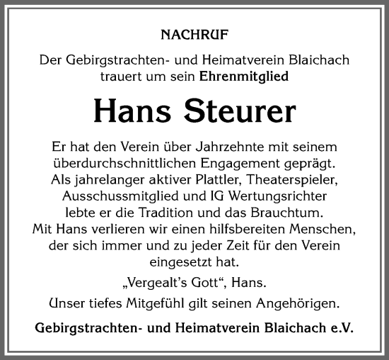 Traueranzeige von Hans Steurer von Allgäuer Anzeigeblatt