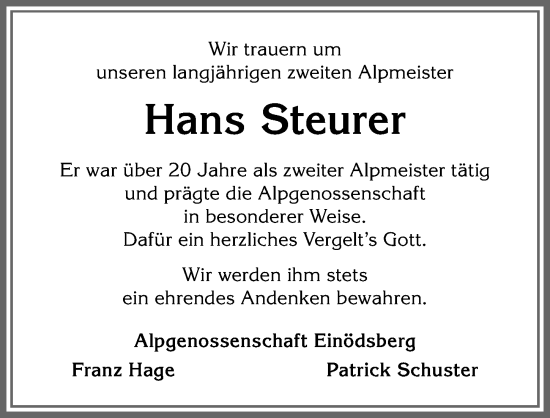 Traueranzeige von Hans Steurer von Allgäuer Anzeigeblatt