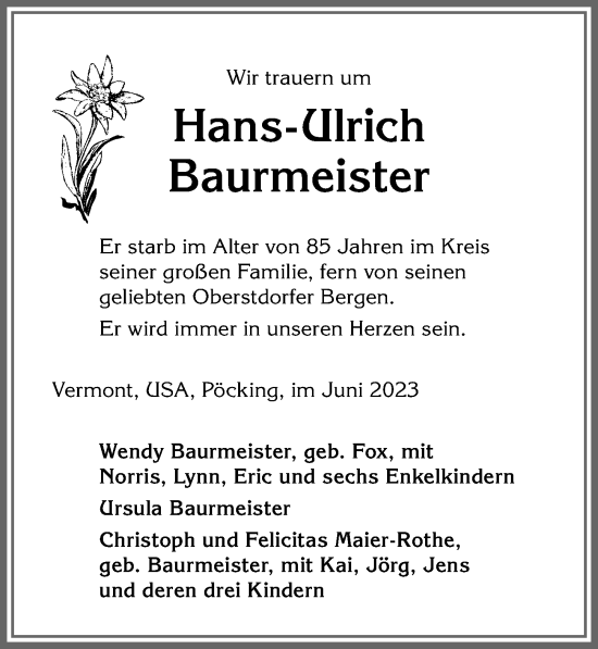 Traueranzeige von Hans-Ulrich Baurmeister von Allgäuer Anzeigeblatt
