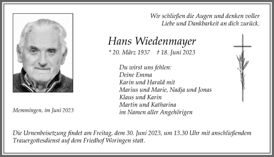 Traueranzeige von Hans Wiedenmayer von Memminger Zeitung