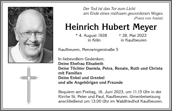 Traueranzeige von Heinrich Hubert Meyer von Allgäuer Zeitung, Kaufbeuren/Buchloe