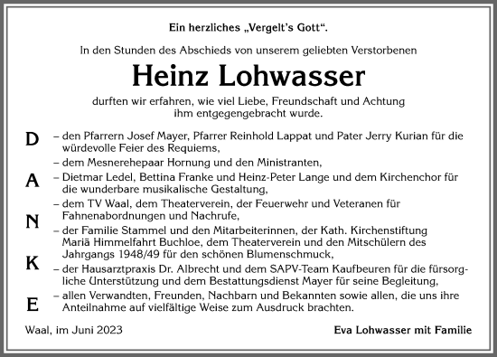 Traueranzeige von Heinz Lohwasser von Allgäuer Zeitung, Kaufbeuren/Buchloe