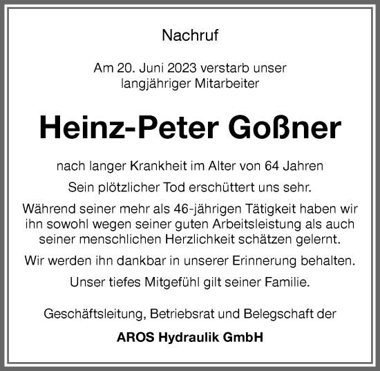 Traueranzeige von Heinz-Peter Goßner von Memminger Zeitung