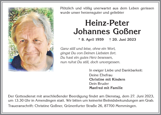 Traueranzeige von Heinz-Peter Johannes Goßner von Memminger Zeitung