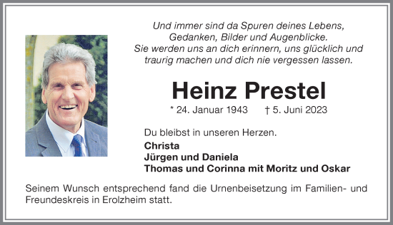 Traueranzeige von Heinz Prestel von Memminger Zeitung