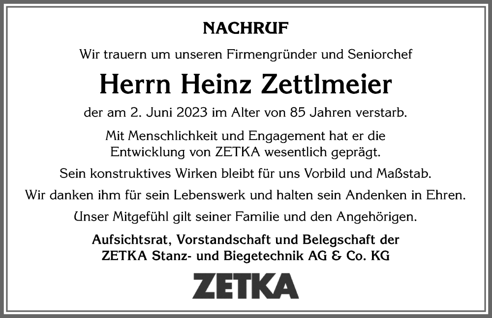  Traueranzeige für Heinz Zettlmeier vom 10.06.2023 aus Allgäuer Zeitung, Füssen