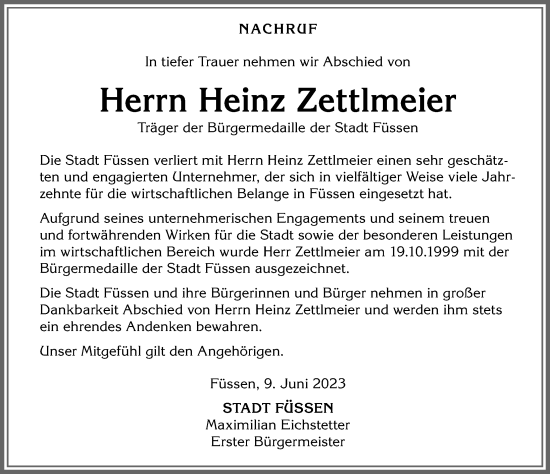 Traueranzeige von Heinz Zettlmeier von Allgäuer Zeitung, Füssen