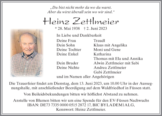 Traueranzeige von Heinz Zettlmeier von Allgäuer Zeitung, Füssen