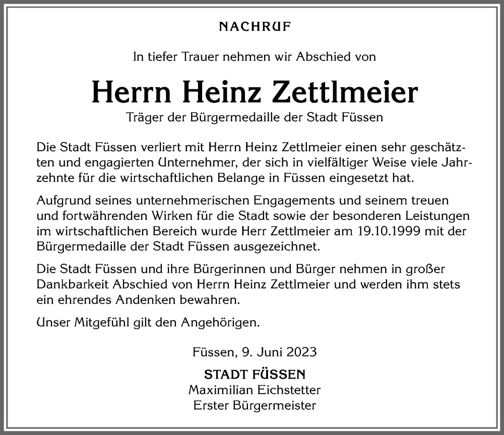  Traueranzeige für Heinz Zettlmeier vom 10.06.2023 aus Allgäuer Zeitung, Füssen