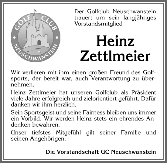 Traueranzeige von Heinz Zettlmeier von Allgäuer Zeitung, Füssen